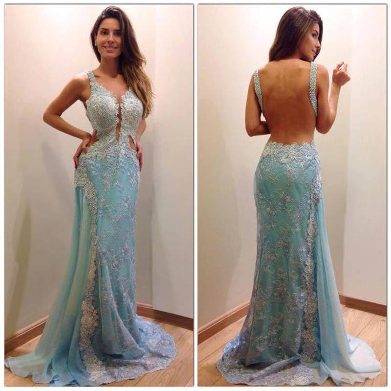 lace prom dress, long prom dress, backless evening dress, BD90