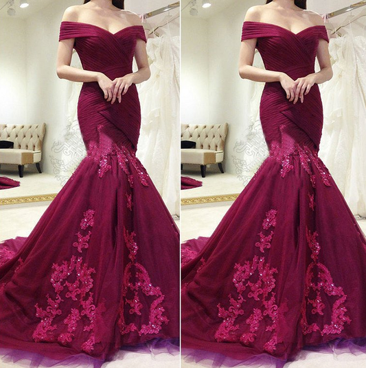 charming lace appliques burgundy off shoulder mermaid formal long prom dress, PD9682