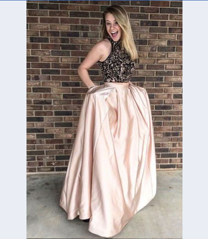 two pieces beaded top long prom dress with pockets, BD750
