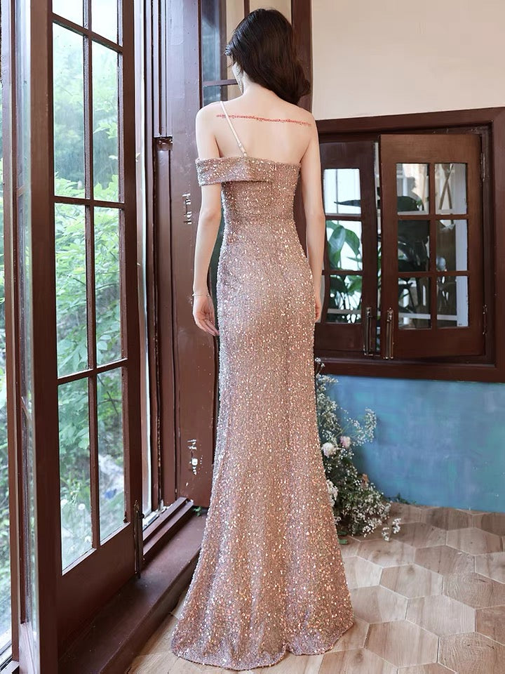 2021 One shoulder Sparkle Crystal Long evening Gowns Mermaid Side Split Prom Dresses ZF0007