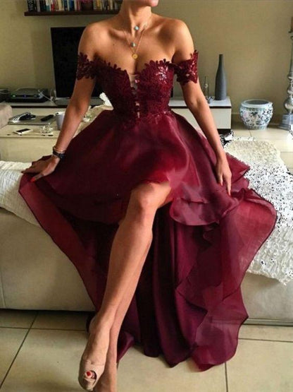 off shoulder prom dress, hi-lo prom dress, burgundy prom dress, party dress, prom dress, BD400