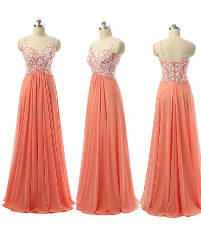 spaghetti strap orange long Bridesmaid Dress with lace appliques, BD56974