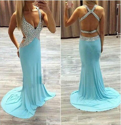 light blue prom dress, long prom dress, beaded prom dress, sexy evening dress, open back prom dress, BD407