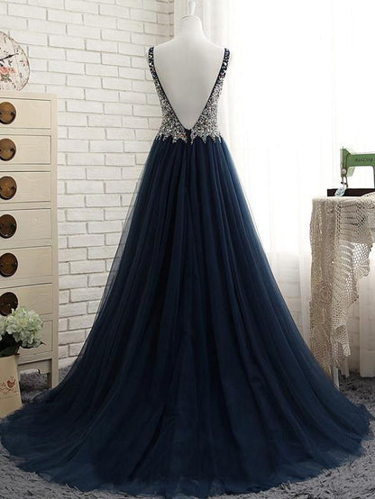 beaded v-neck dark blue tulle long prom dresses, PD1899