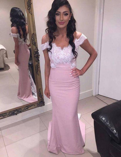 pink off shoulder mermaid long elegant lace top Bridesmaid Dresses,BD7310