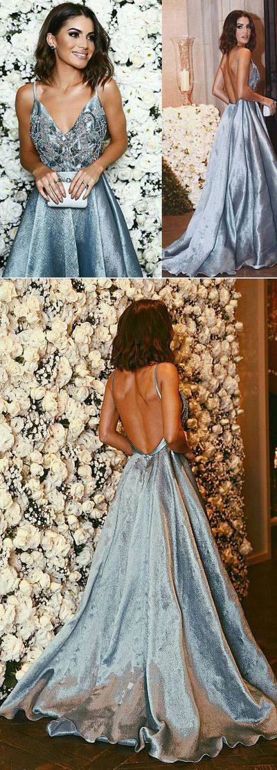 beaded grey backless v-neck long prom dresses, BD7771