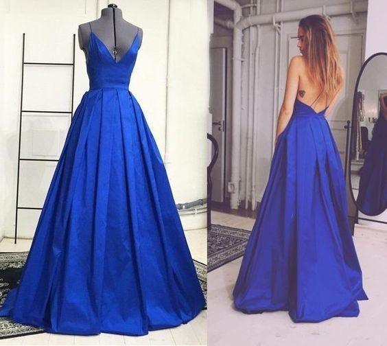 royal blue prom dress, long prom dress, A-line prom dress, v-neck prom dress, evening gown, BD108