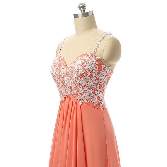 spaghetti strap orange long Bridesmaid Dress with lace appliques, BD56974