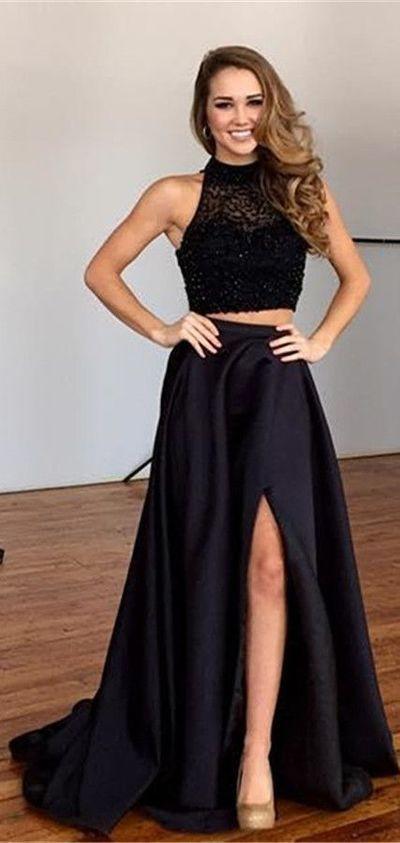 formal beaded top two pieces black side slit long prom dress, PD8593