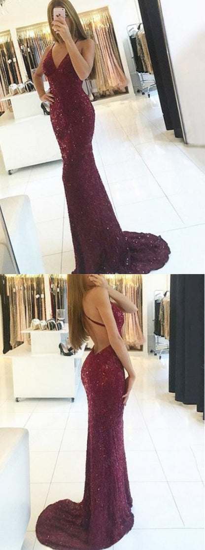 shining sparkle burgundy backless v-neck evening dress, PD02505