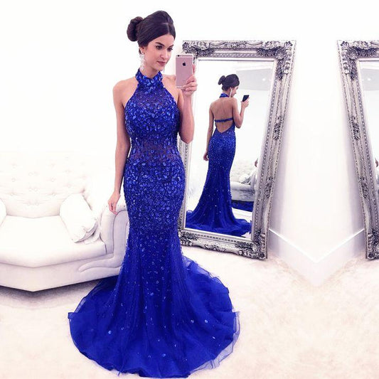 charming beaded halter backless mermaid long royal blue evening dress, BD6444