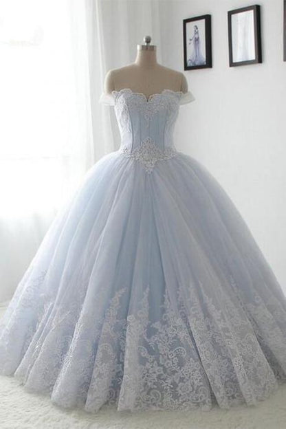 off shoulder A-line light blue long ball gown, PD756