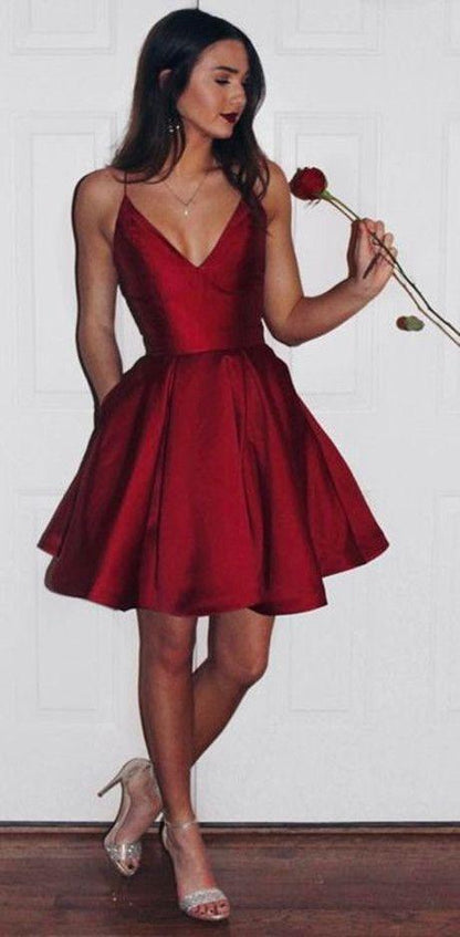 red simple v-neck short A-line homecoming dress, BD35649