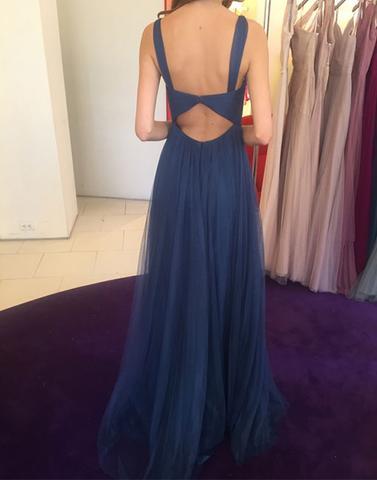 spaghetti straps open back blue chiffon long prom dress, PD6565