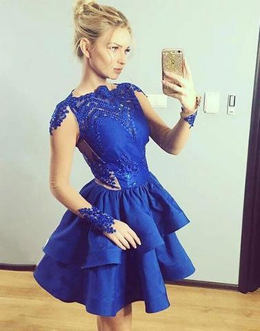 royal blue cap sleeves A-line short homecoming dress, HD487