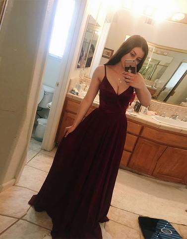 elegant spaghetti straps burgundy v-neck long prom dress, PD56565