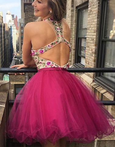 v-neck hot pink tulle short open back homecoming dress, HD544