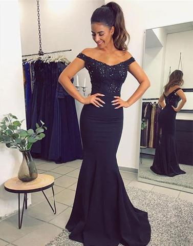 lace train off shoulder navy blue mermaid long prom dress, PD6567