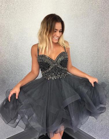 dark grey tulle spaghetti straps A-line short homecoming dress, HD490