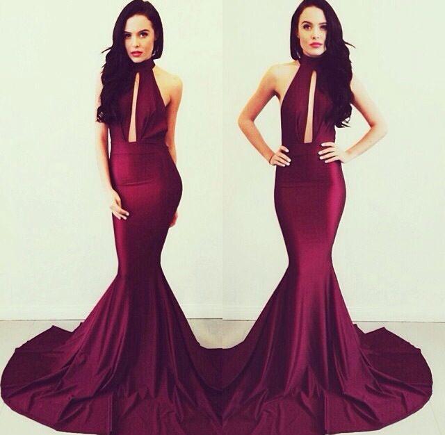 formal burgundy high neck mermaid long evening dress, BD6447