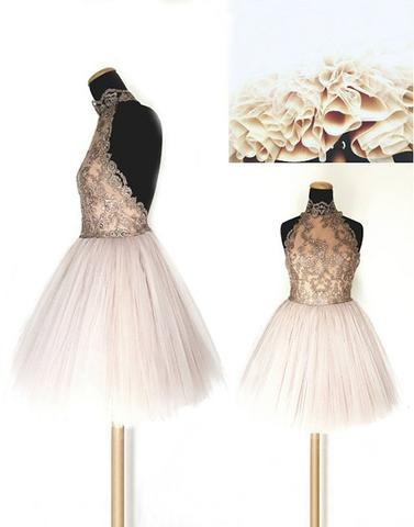 white A-line halter tulle cute short homecoming dress, HD855