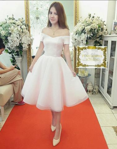 white off shoulder short tulle junior homecoming dress, BD3332