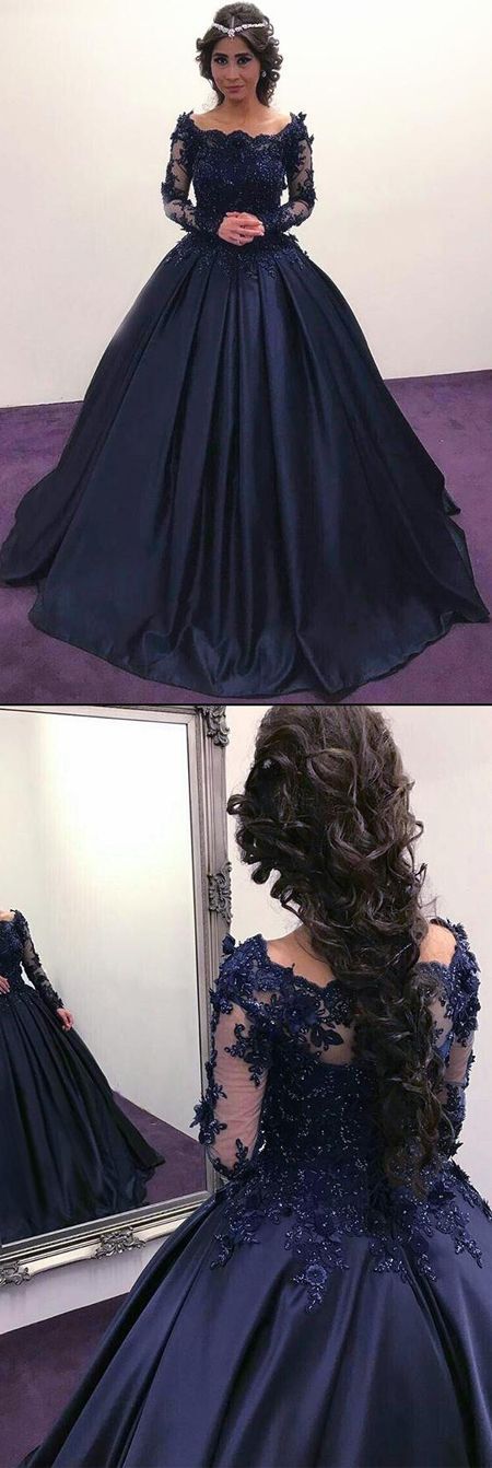 modest dark navy A-line long sleeves prom dress, BD752