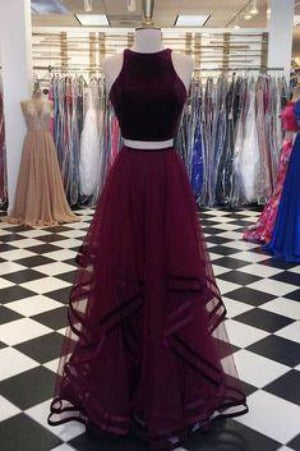 burgundy two pieces fluffy skirt long prom dress, PD554