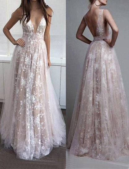 lace long v-neck prom dresses, BD490