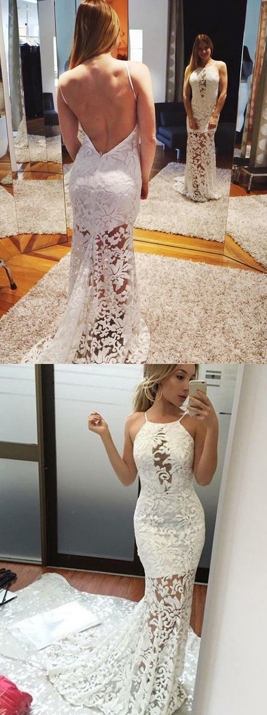 white lace long backless long prom dress, PD7549