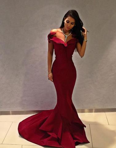 formal off shoulder mermaid burgundy long prom dress, PD87417