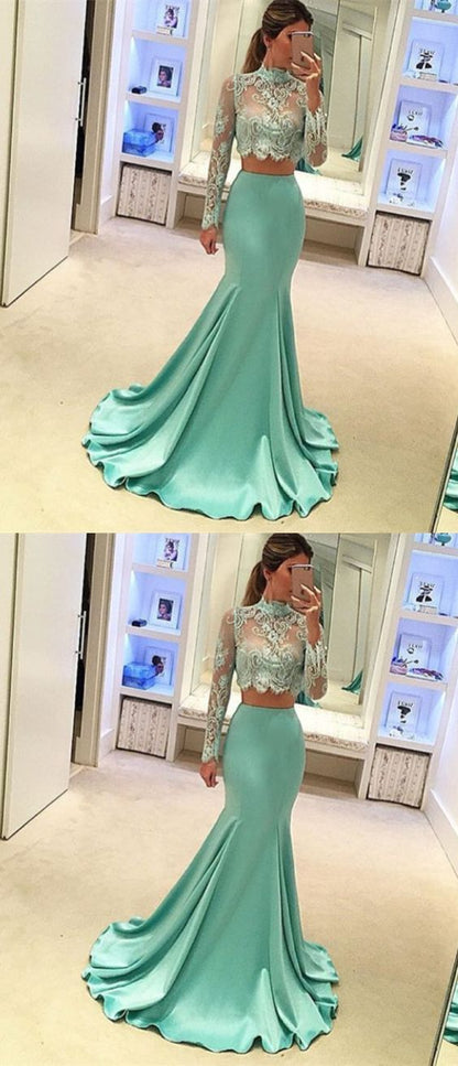 two pieces lace top long sleeves mermaid prom dress, BD7680