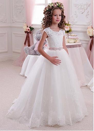 Fashionable Tulle & Satin Scoop Neckline Lace A-Line Flower Girl Dresses, FW04