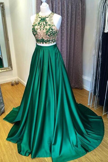 two pieces green top long satin prom dresses, PD12541