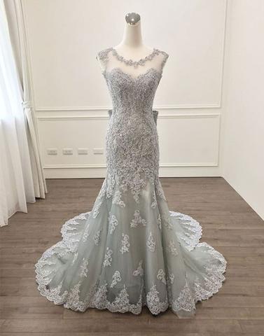 round neck light grey lace mermaid long prom dress, BD6451