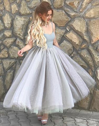 Spaghetti straps A-line tulle light grey tea-length party dress, PD1374