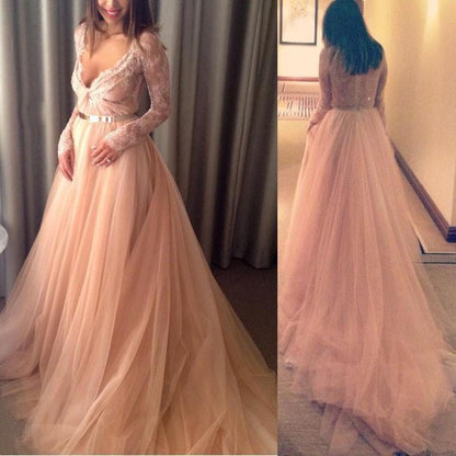 formal charming blush pink v-neck long sleeves A-line long prom dress, PD6527