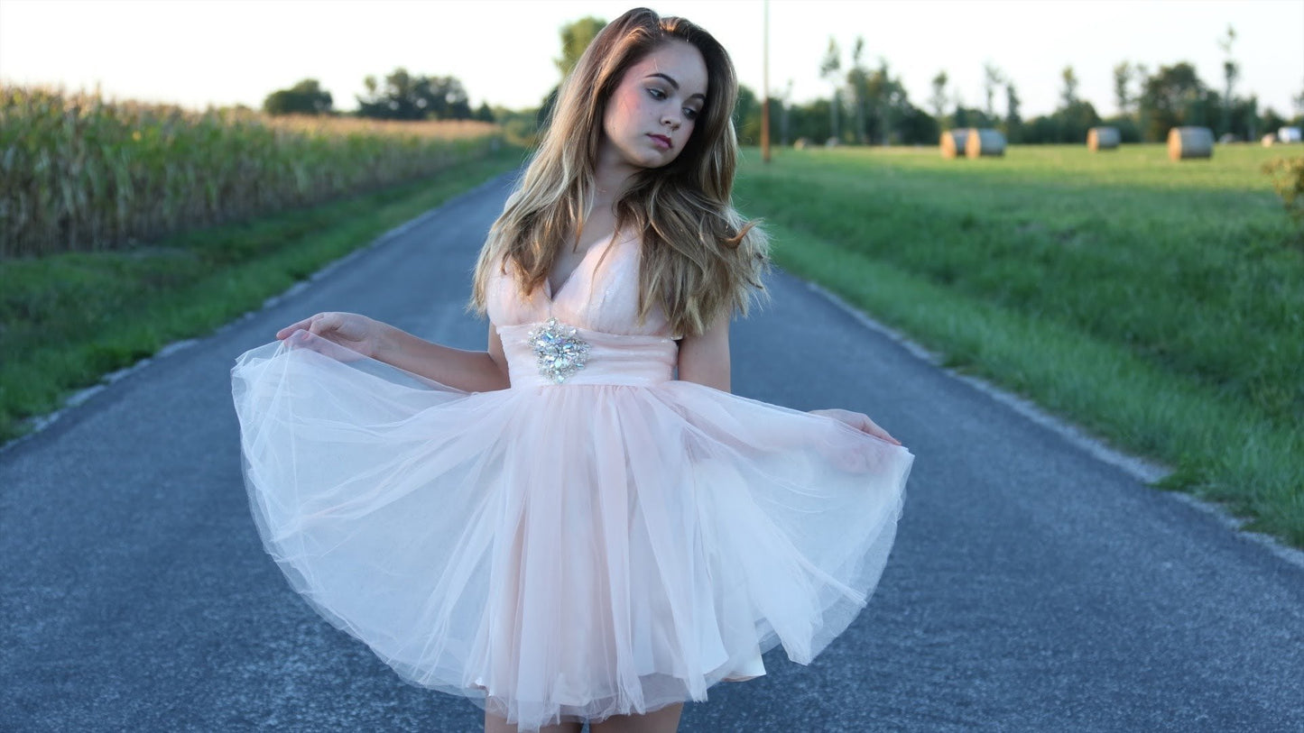 light pink tulle v-neck 2017 homecoming dress for girls, BD3783