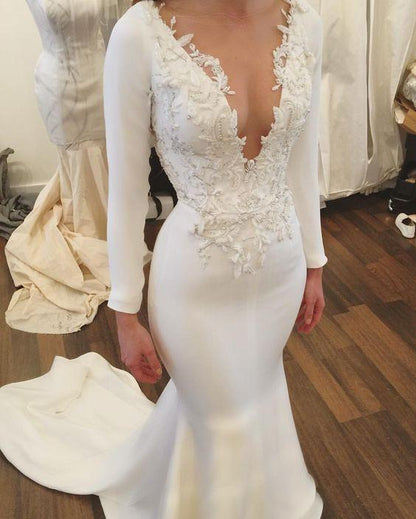 mermaid long v-neck long sleeves wedding dress, WD101