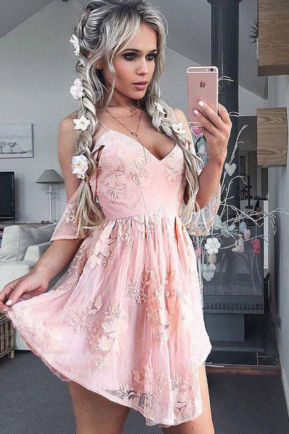 v-neck spaghetti straps pink lace short homecoming dress for girls, BD3804