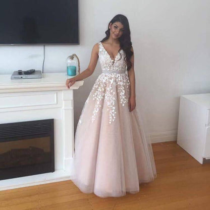 tulle A-line v-neck lace appliques long prom dress, PD6329