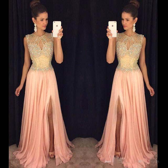 charming scoop formal chiffon beaded side slit long prom dress, PD5579