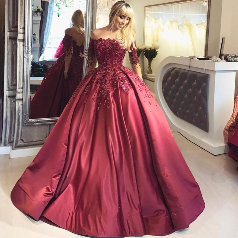 long off shoulder A-line burgundy long sleeves prom dress, PD5893