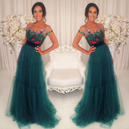 2020 formal charming short sleeves tulle teal long prom dresses, PD5895