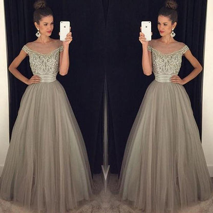 formal off shoulder A-line grey long tulle prom dress, PD5891