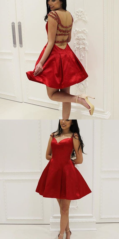 charming red open back cap sleeves  short homecoming dress, HD455