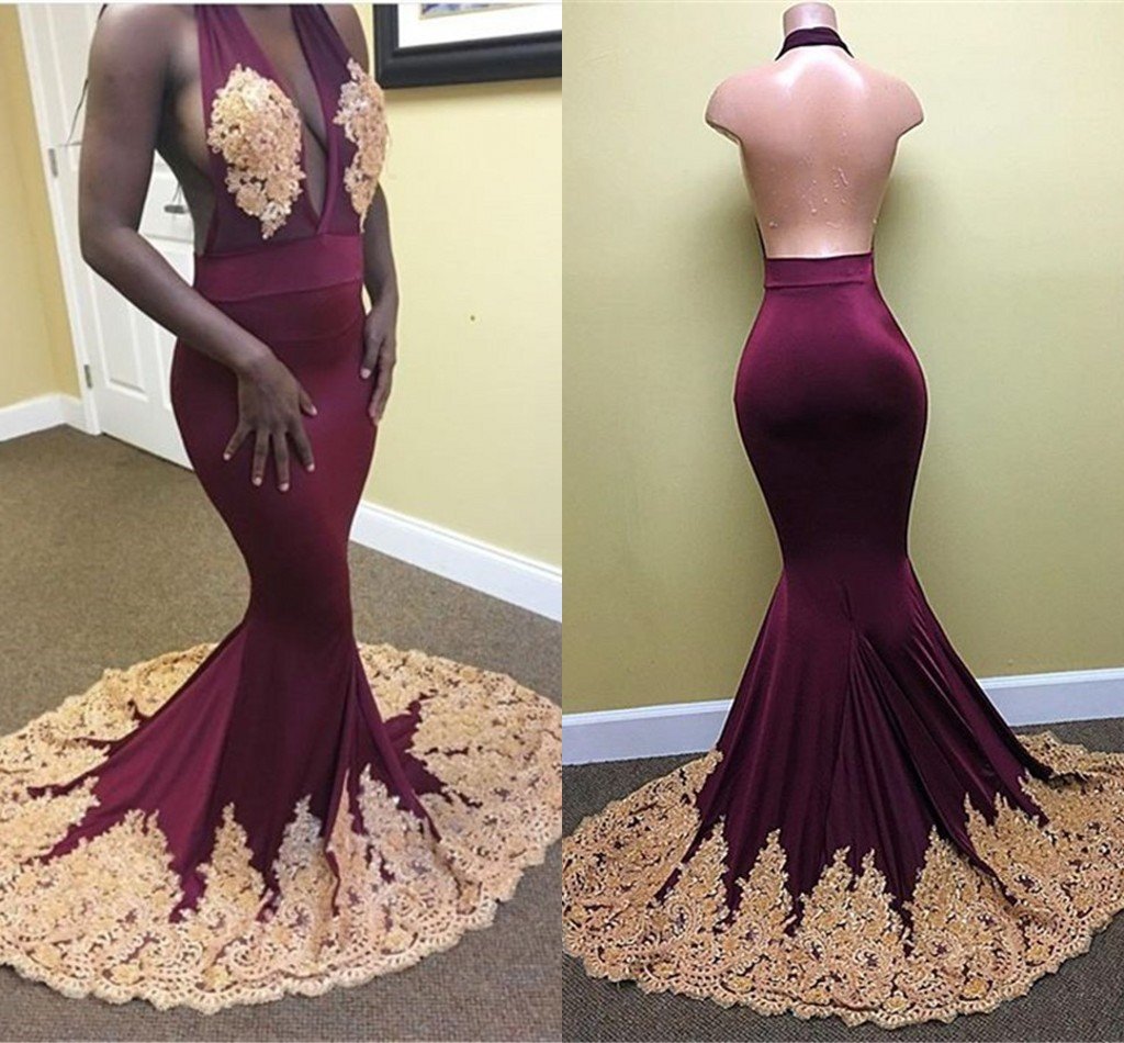 sexy halter mermaid v-neck backless burgundy long prom dress, PD1479