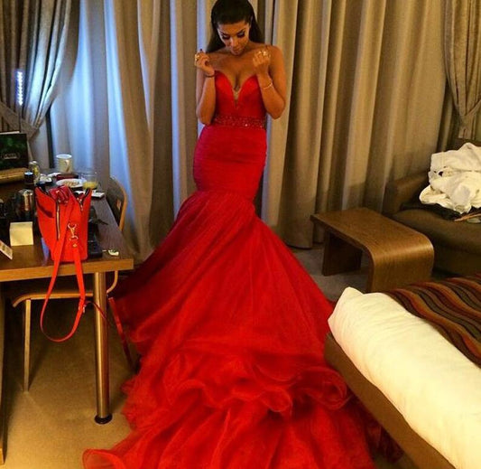 train sweetheart mermaid formal charming red long prom dress, PD6789