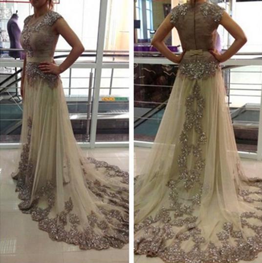 gold prom dress, long prom dress, charming prom dress, cap sleeves prom dress, tulle evening dress, BD516