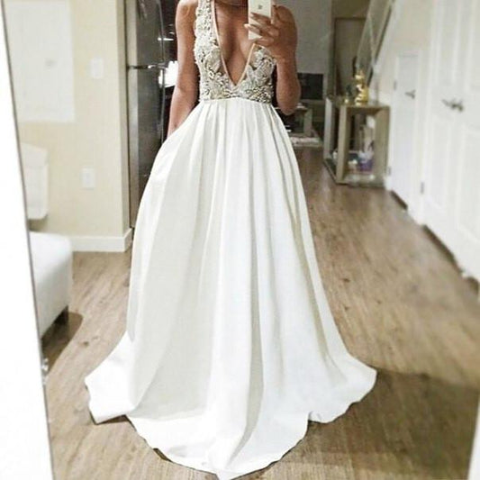 white v-neck long A-line unique charming prom dress, PD3018